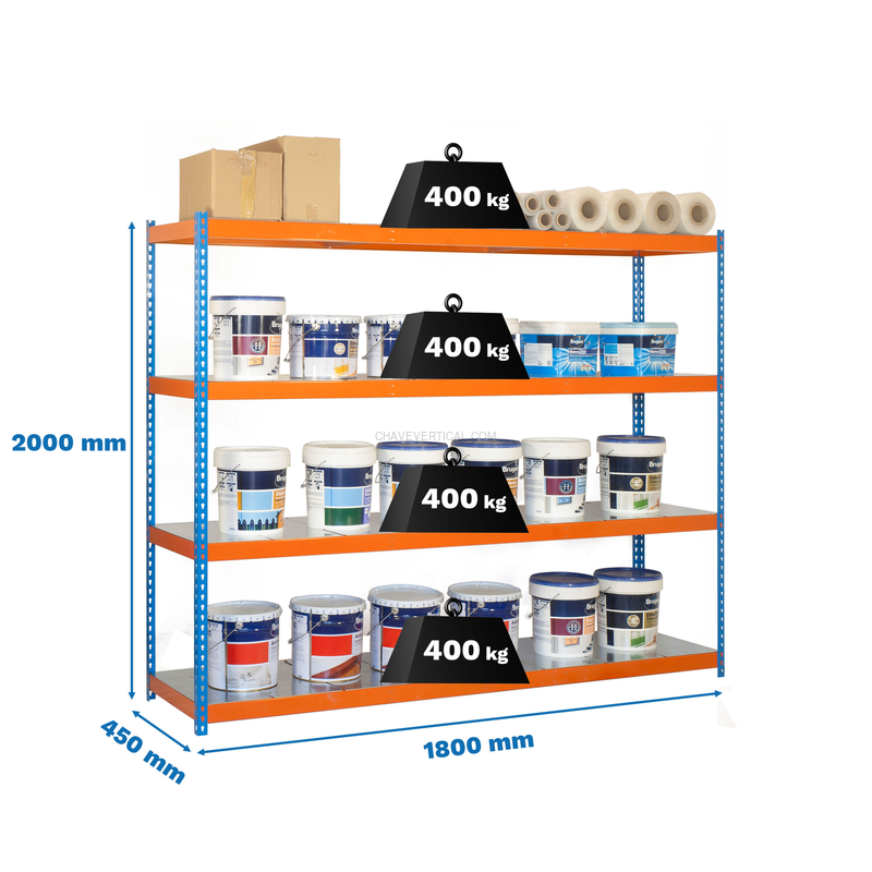 Estante Metálica ECOFORTE 1804-4 METAL AZUL/Laranja/Galvanizado - 2000 x 1800 x 450 mm