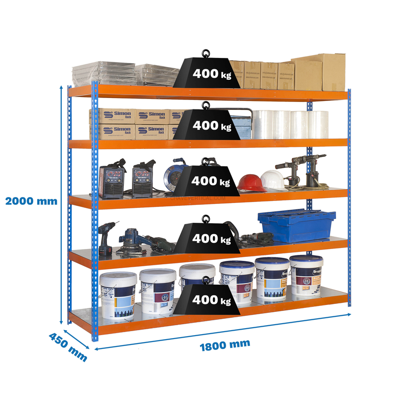 Estante Metálica ECOFORTE 1804-5 METAL AZUL/Laranja/Galvanizado - 2000 x 1800 x 450 mm