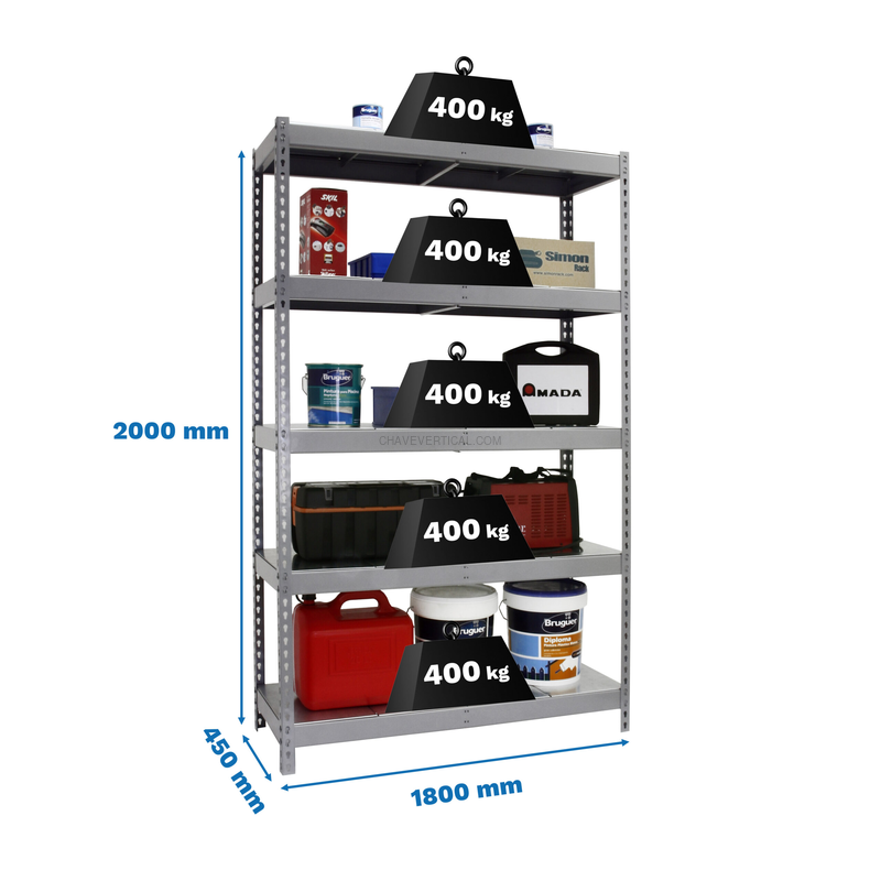 Estante Metálica ECOFORTE 1804-5 METAL Cinzento/Galvanizado - 2000 x 1800 x 450 mm