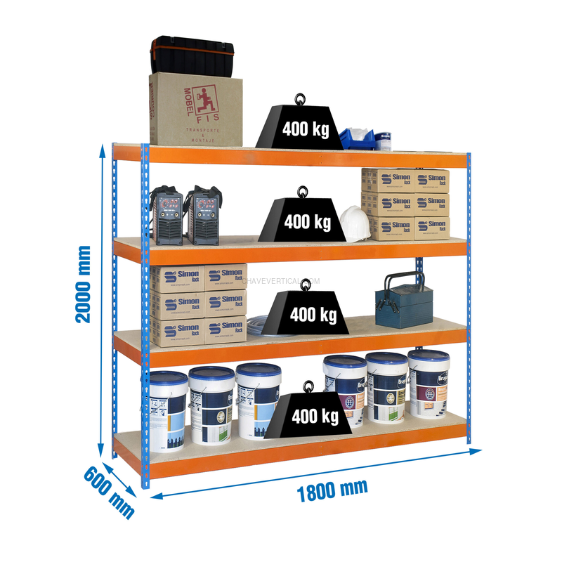 Estante Metálica ECOFORTE 1806-4 Aglomerado Azul/Laranja/Madeira - 2000 x 1800 x 600 mm