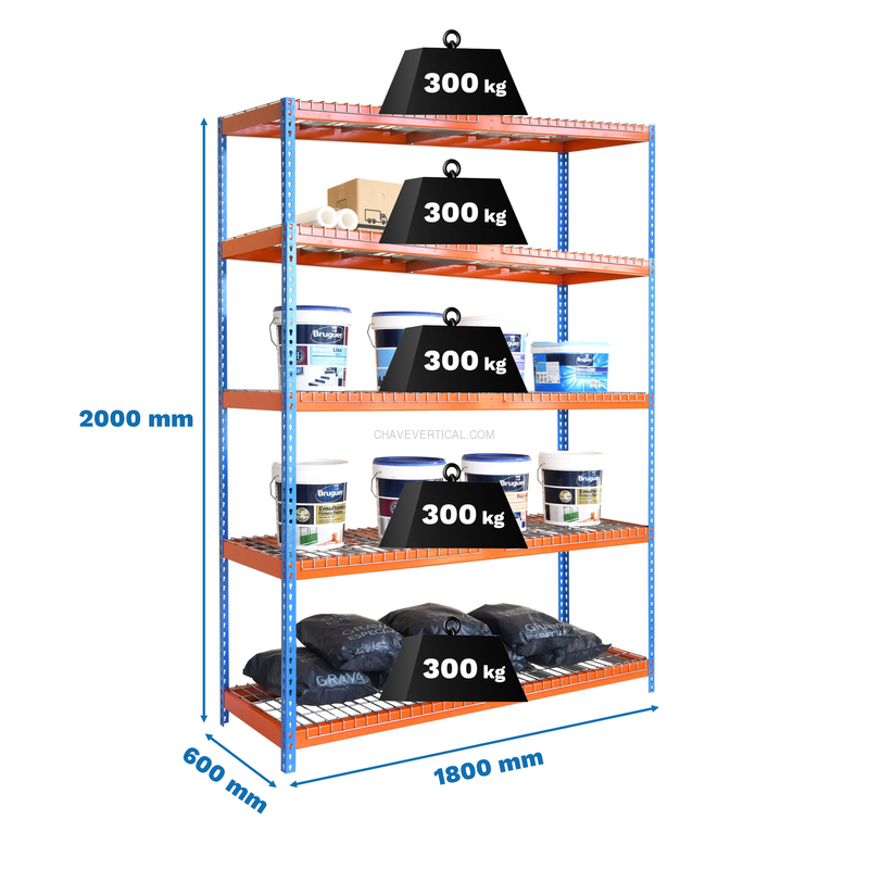 Estante Metálica ECOFORTE 1806-5 REX AZUL/Laranja - 2000 x 1800 x 600 mm