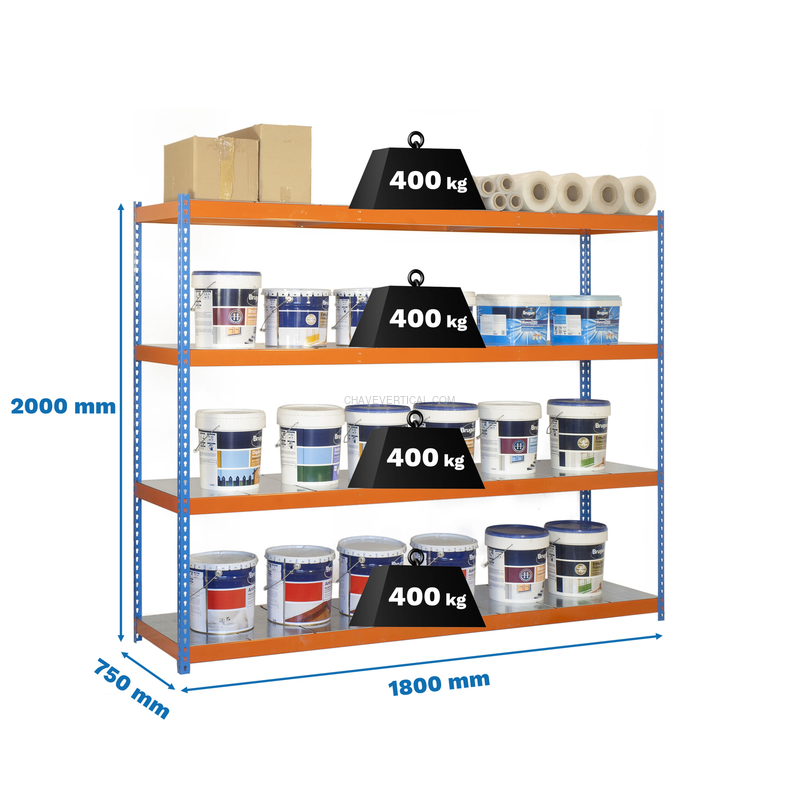 Estante Metálica ECOFORTE 1807-4 METAL AZUL/Laranja/Galvanizado - 2000 x 1800 x 750 mm