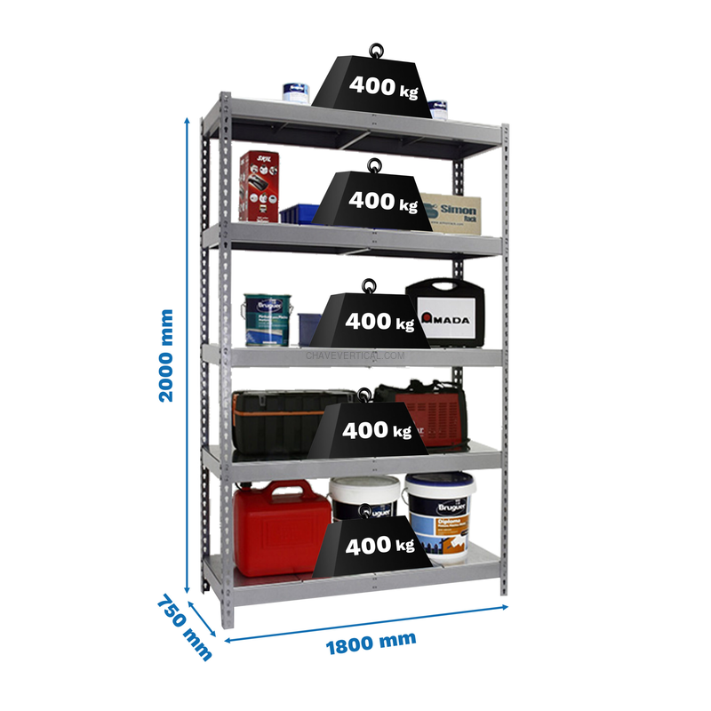 Estante Metálica ECOFORTE 1807-5 METAL Cinzento/Galvanizado - 2000 x 1800 x 750 mm