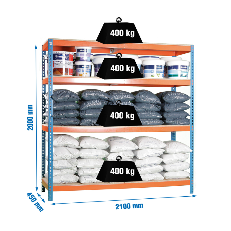 Estante Metálica ECOFORTE 2104-4 Aglomerado Azul/Laranja/Madeira - 2000 x 2100 x 450 mm