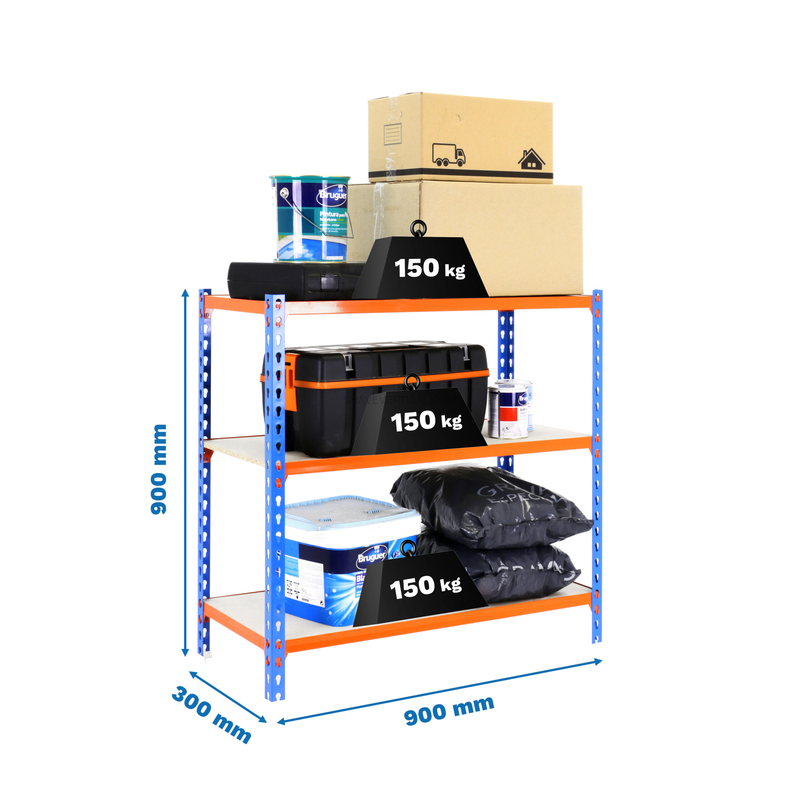 Estante Metálica MADERCLICK 3/300 900 Azul/Laranja/Madeira - 900 x 900 x 300 mm