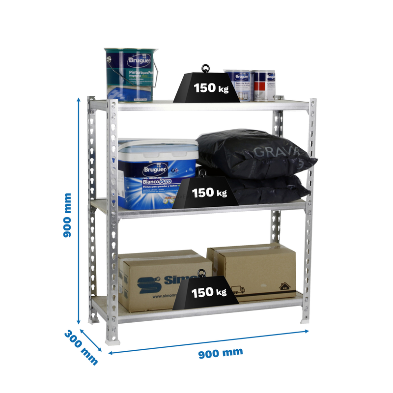 Estante Metálica MADERCLICK 3/300 900 Galvanizado/Madeira - 900 x 900 x 300 mm