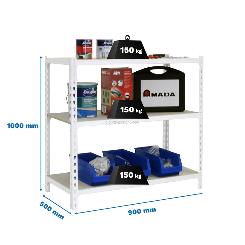 Estante Metálica MADERCLICK 3/500 1000 Branco/Madeira - 1000 x 900 x 500 mm