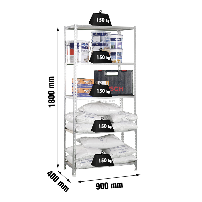 Estante Metálica MADERCLICK 5/400 Galvanizado/Madeira - 1800 x 900 x 400 mm