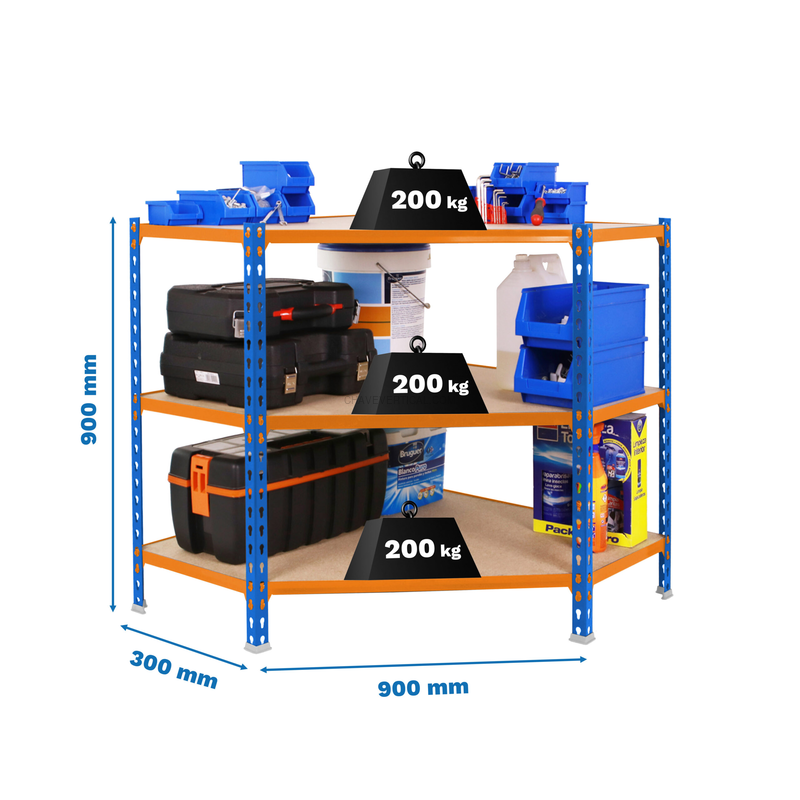 Estante Metálica MADERCLICK CORNER 3/300 900 Azul/NA/Madeira - 900 x 900 x 300 mm