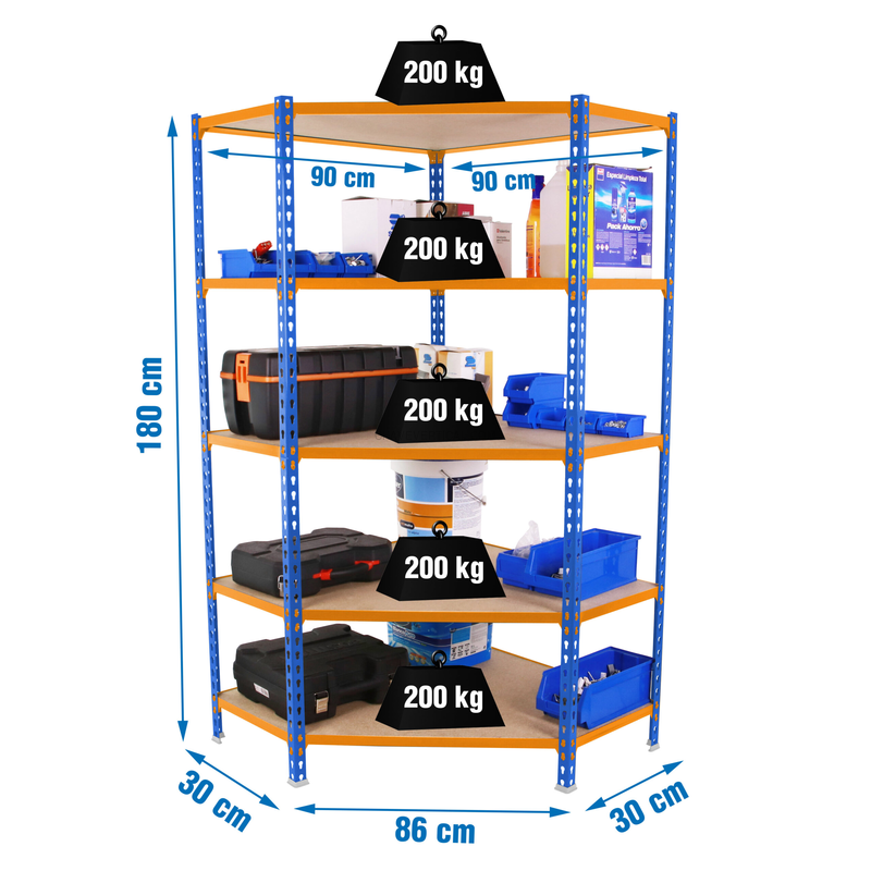 Estante Metálica MADERCLICK CORNER 5/300 1800 Azul/NA/Madeira - 1800 x 900 x 300 mm