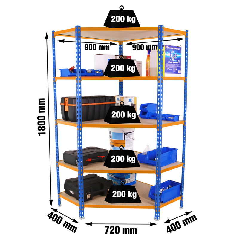 Estante Metálica MADERCLICK CORNER 5/400 1800 Azul/NA/Madeira - 1800 x 900 x 400 mm
