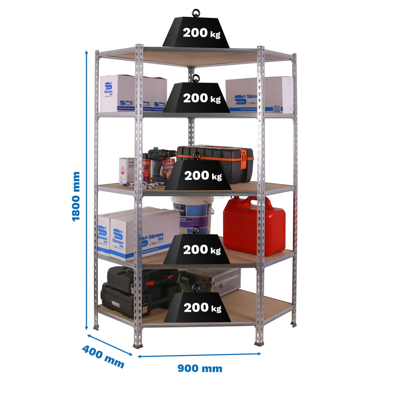 Estante Metálica MADERCLICK CORNER 5/400 1800 Galvanizado/Madeira - 1800 x 900 x 400 mm
