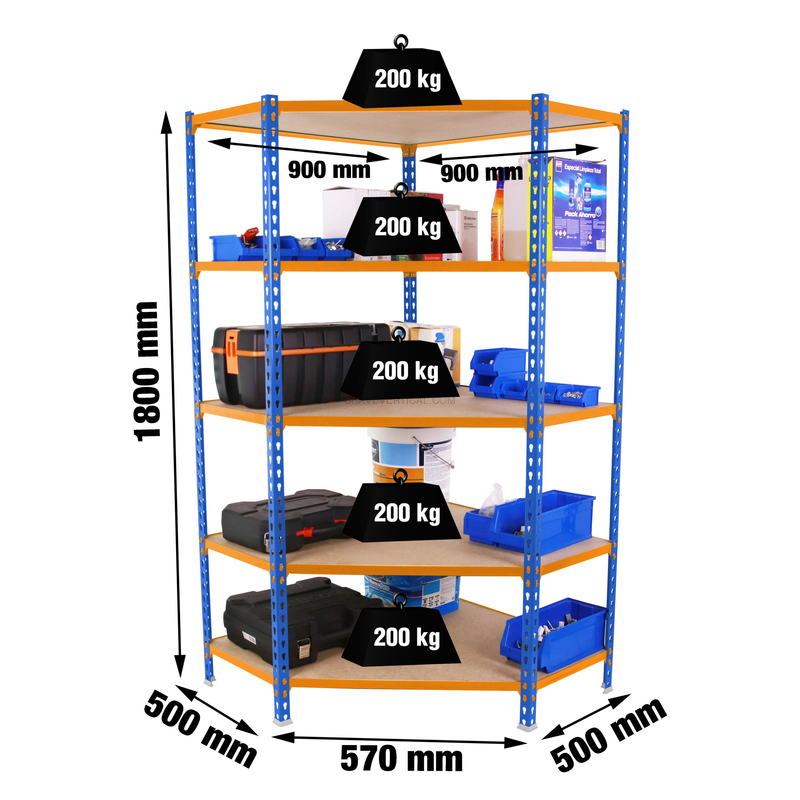 Estante Metálica MADERCLICK CORNER 5/500 1800 Azul/NA/Madeira - 1800 x 900 x 500 mm