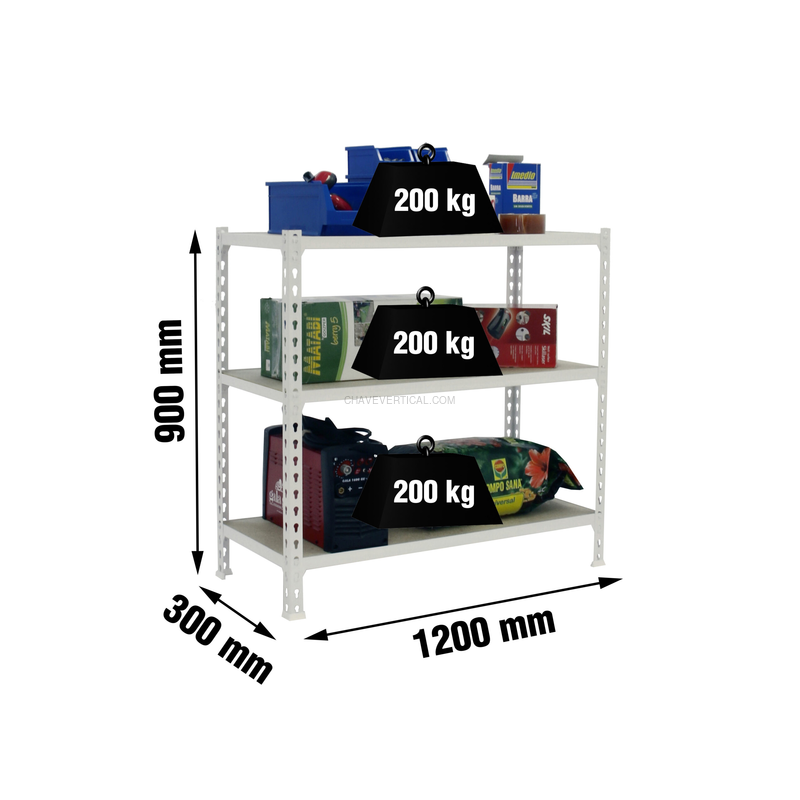 Estante Metálica MADERCLICK MEGAPLUS 3/300 900 Branco/Madeira - 900 x 1200 x 300 mm