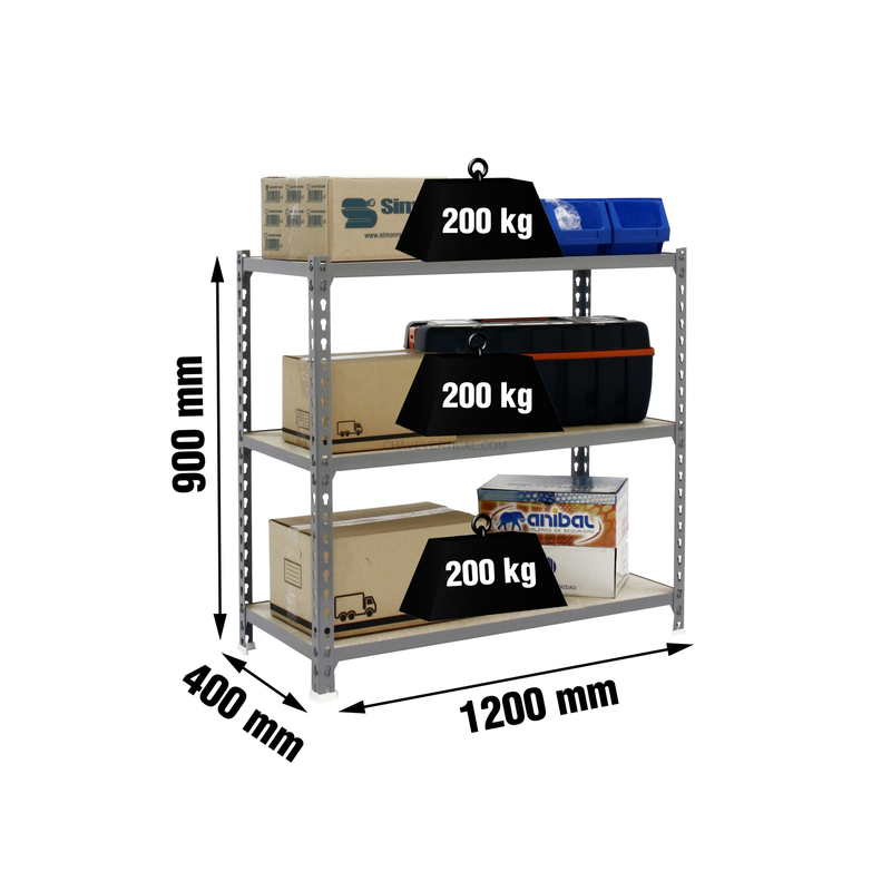 Estante Metálica MADERCLICK MEGAPLUS 3/400 900 Cinzento/Madeira - 900 x 1200 x 400 mm