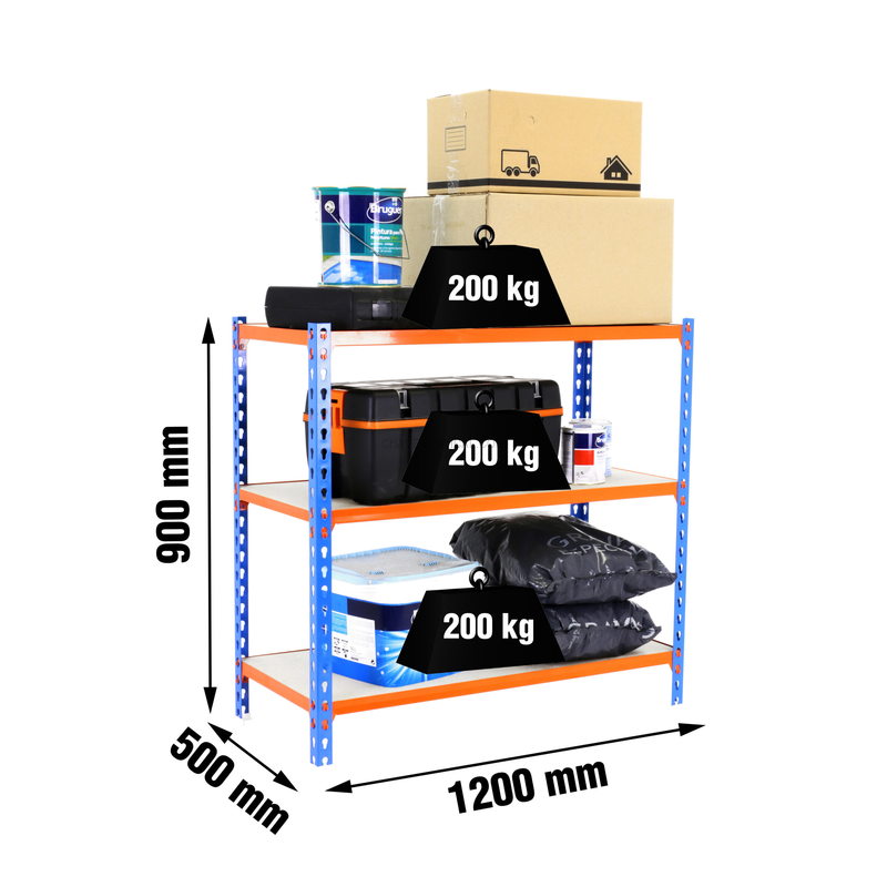 Estante Metálica MADERCLICK MEGAPLUS 3/500 900 AZUL/NARANJ/Madeira - 900 x 1200 x 500 mm