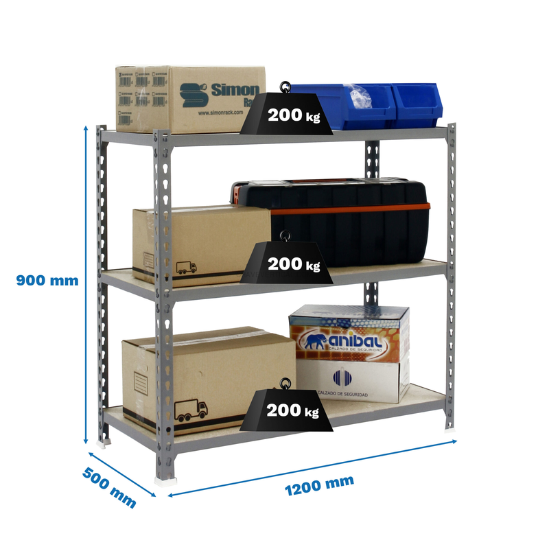 Estante Metálica MADERCLICK MEGAPLUS 3/500 900 Galvanizado/Madeira - 900 x 1200 x 500 mm