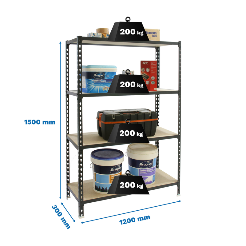 Estante Metálica MADERCLICK MEGAPLUS 4/300 1500 Antracite/Madeira - 1500 x 1200 x 300 mm