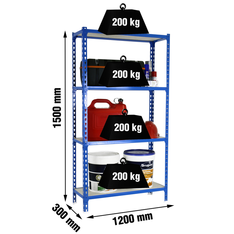 Estante Metálica MADERCLICK MEGAPLUS 4/300 1500 AZUL/Madeira - 1500 x 1200 x 300 mm