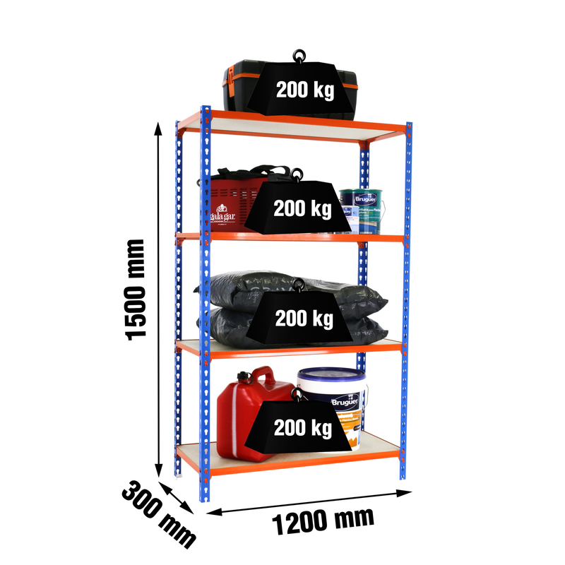 Estante Metálica MADERCLICK MEGAPLUS 4/300 1500 AZUL/NARANJ/Madeira - 1500 x 1200 x 300 mm