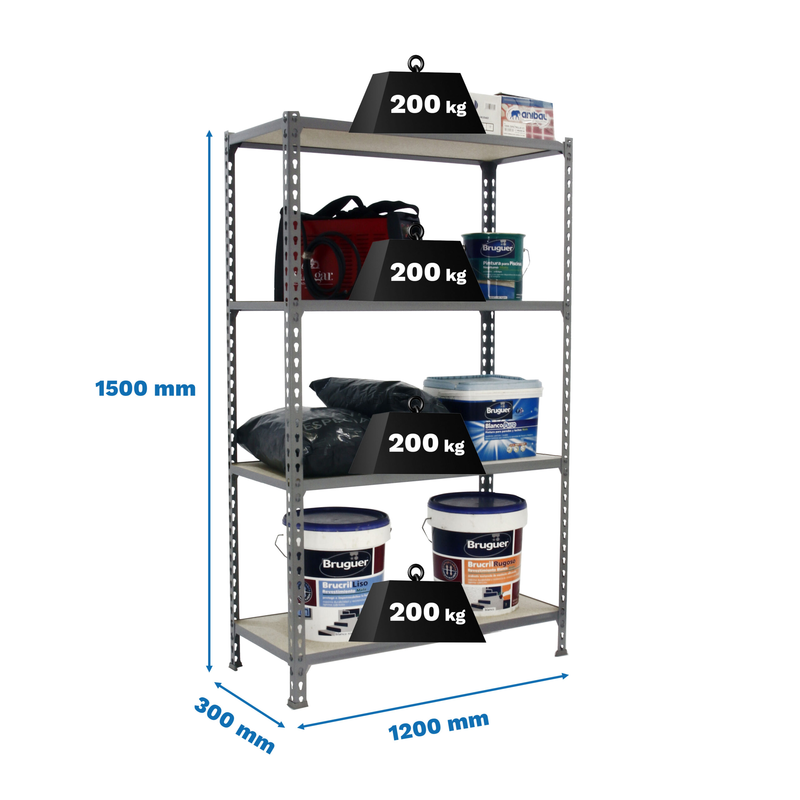 Estante Metálica MADERCLICK MEGAPLUS 4/300 1500 Galvanizado/Madeira - 1500 x 1200 x 300 mm