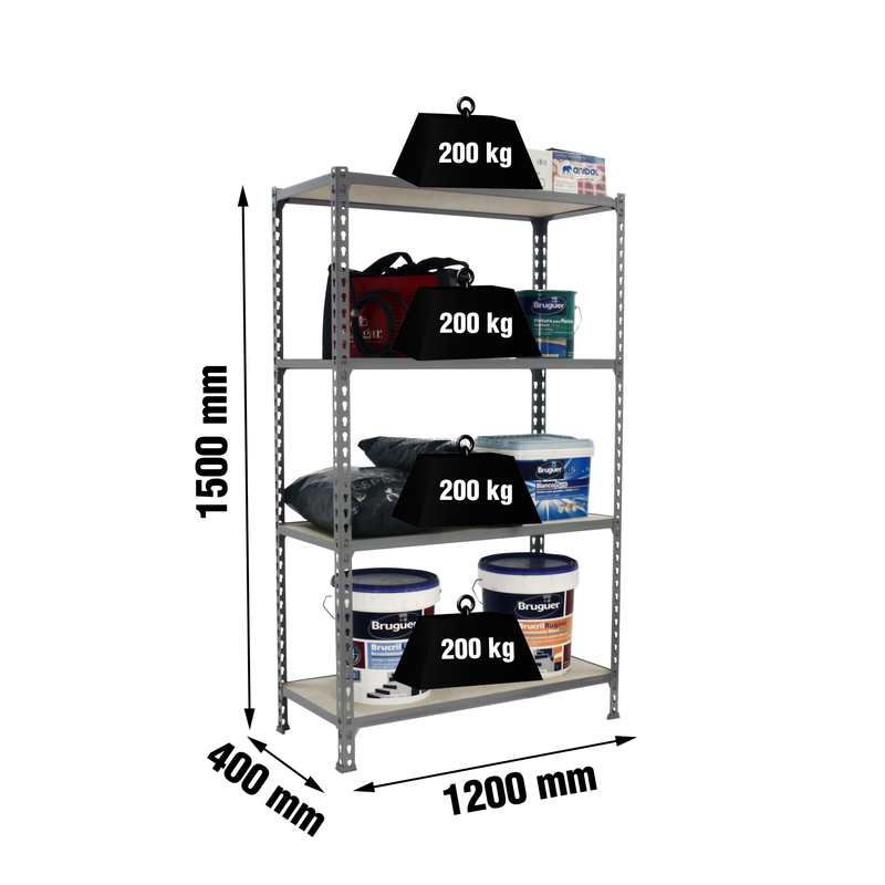 Estante Metálica MADERCLICK MEGAPLUS 4/400 1500 Cinzento/Madeira - 1500 x 1200 x 400 mm