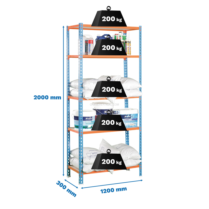 Estante Metálica MADERCLICK MEGAPLUS 5/300 Azul/Laranja/Madeira - 2000 x 1200 x 300 mm
