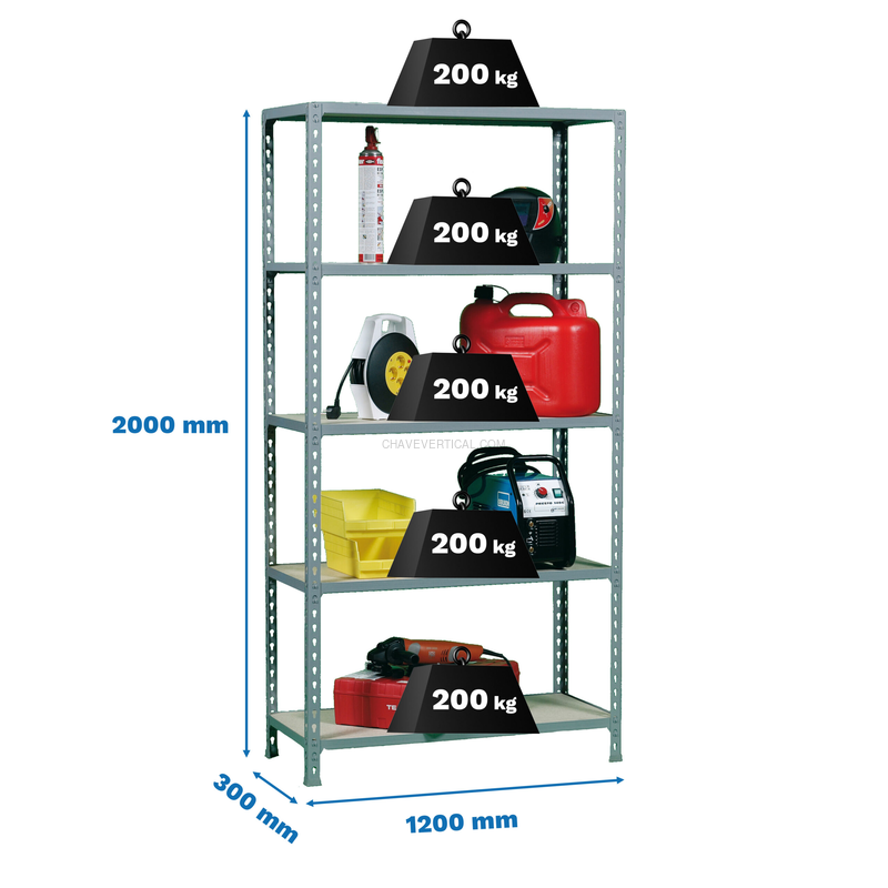 Estante Metálica MADERCLICK MEGAPLUS 5/300 Galvanizado/Madeira - 2000 x 1200 x 300 mm