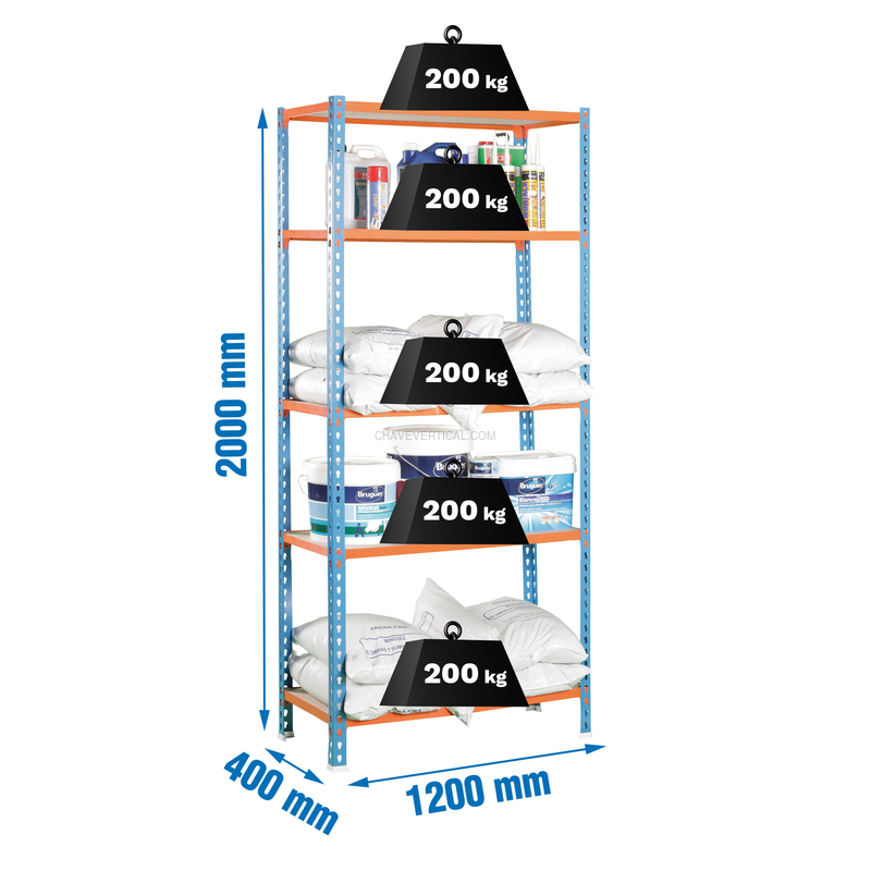 Estante Metálica MADERCLICK MEGAPLUS 5/400 Azul/Laranja/Madeira - 2000 x 1200 x 400 mm