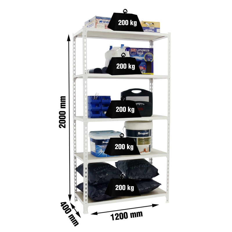Estante Metálica MADERCLICK MEGAPLUS 5/400 Branco/Madeira - 2000 x 1200 x 400 mm