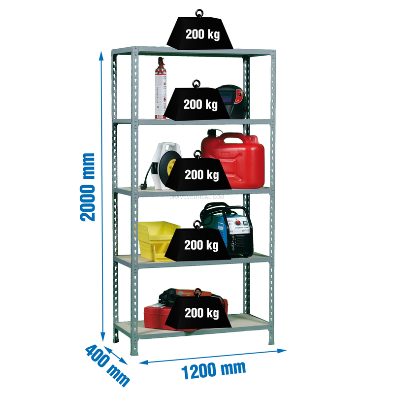 Estante Metálica MADERCLICK MEGAPLUS 5/400 Cinzento/Madeira - 2000 x 1200 x 400 mm