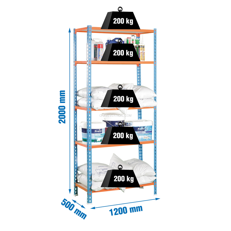 Estante Metálica MADERCLICK MEGAPLUS 5/500 Azul/Laranja/Madeira - 2000 x 1200 x 500 mm
