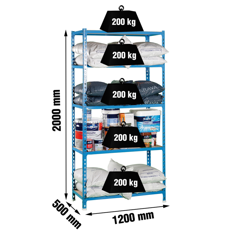 Estante Metálica MADERCLICK MEGAPLUS 5/500 AZUL/Madeira - 2000 x 1200 x 500 mm