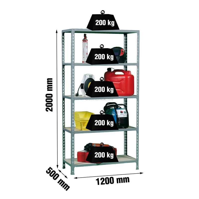 Estante Metálica MADERCLICK MEGAPLUS 5/500 Cinzento/Madeira - 2000 x 1200 x 500 mm