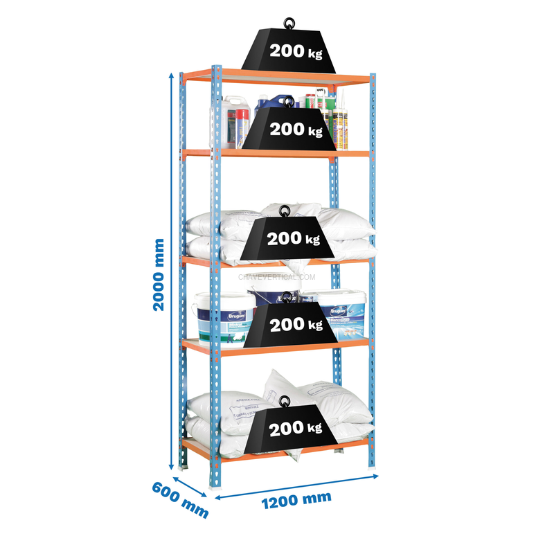 Estante Metálica MADERCLICK MEGAPLUS 5/600 2000 Azul/Laranja/MadeiraERA - 2000 x 1200 x 600 mm