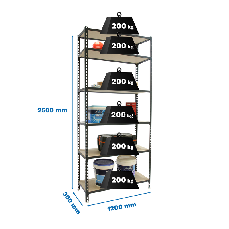 Estante Metálica MADERCLICK MEGAPLUS 6/300 2500 Antracite/Madeira - 2500 x 1200 x 300 mm
