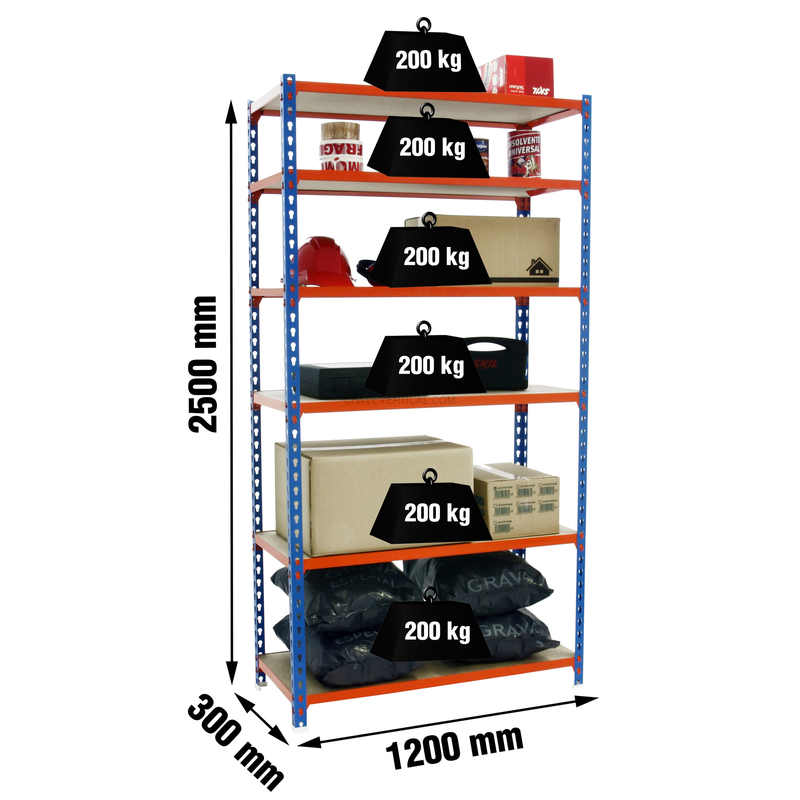 Estante Metálica MADERCLICK MEGAPLUS 6/300 2500 Azul/Laranja/Madeira - 2500 x 1200 x 300 mm