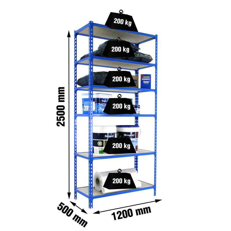 Estante Metálica MADERCLICK MEGAPLUS 6/500 2500 AZUL/Madeira - 2500 x 1200 x 500 mm