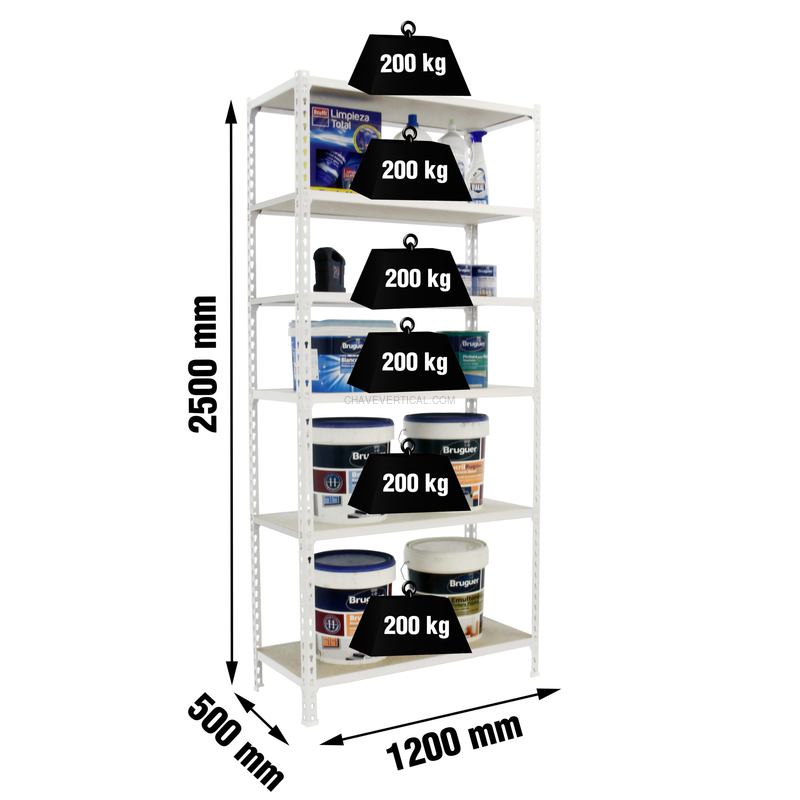Estante Metálica MADERCLICK MEGAPLUS 6/500 2500 Branco/Madeira - 2500 x 1200 x 500 mm