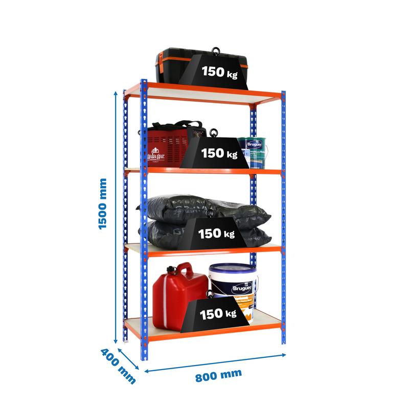 Estante Metálica MADERCLICK MINI 4/400 1500 Azul/Laranja/Madeira - 1500 x 800 x 400 mm
