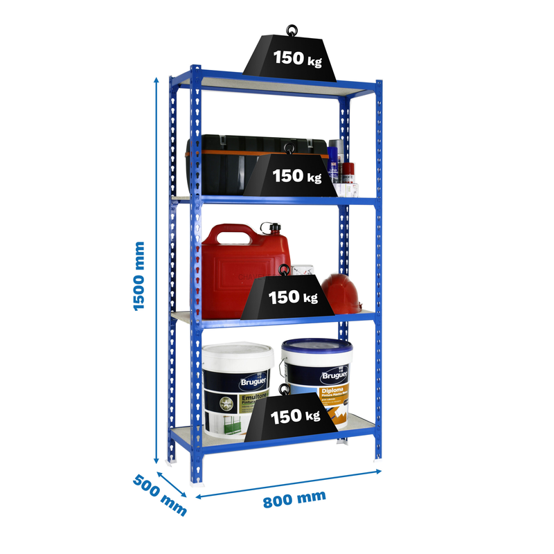Estante Metálica MADERCLICK MINI 4/500 1500 AZUL/Madeira - 1500 x 800 x 500 mm