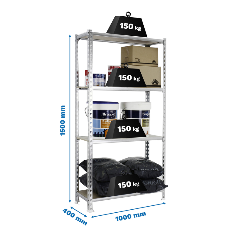 Estante Metálica MADERCLICK PLUS 4/400 1500 Galvanizado/Madeira - 1500 x 1000 x 400 mm