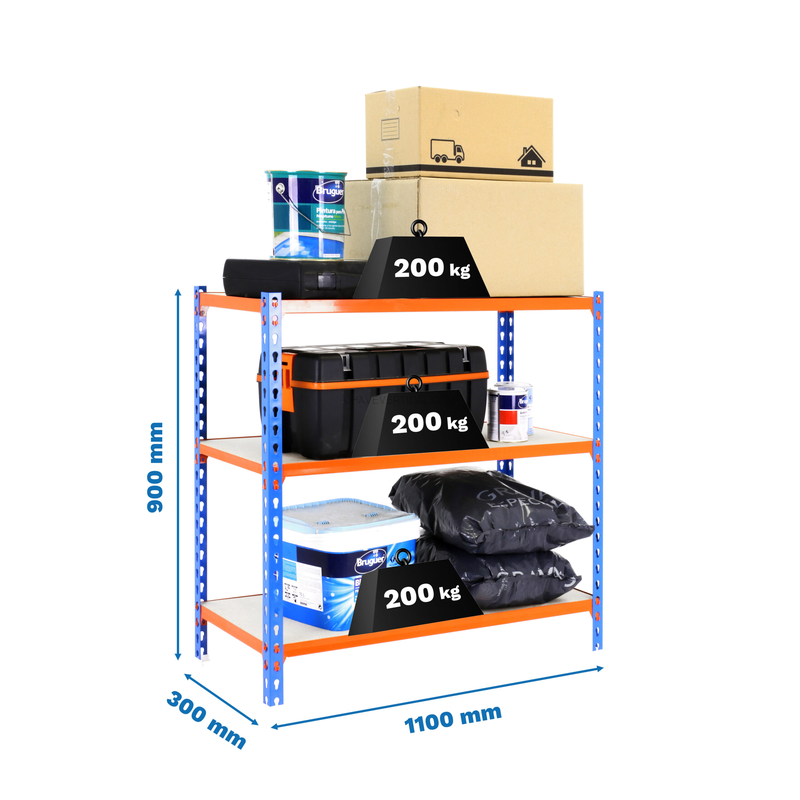 Estante Metálica MADERCLICK SUPERPLUS 3/300 900 Azul/Laranja/Madeira - 900 x 1100 x 300 mm
