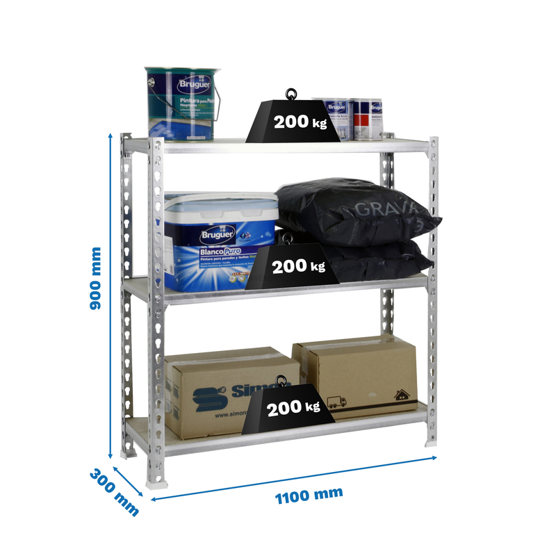 Estante Metálica MADERCLICK SUPERPLUS 3/300 900 Galvanizado/Madeira - 900 x 1100 x 300 mm
