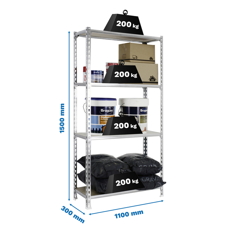 Estante Metálica MADERCLICK SUPERPLUS 4/300 1500 Galvanizado/Madeira - 1500 x 1100 x 300 mm
