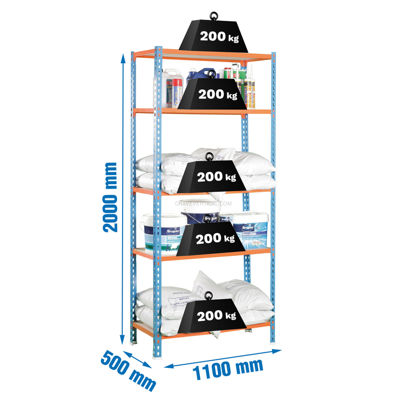 Estante Metálica MADERCLICK SUPERPLUS 5/500 Azul/Laranja/Madeira - 2000 x 1100 x 500 mm