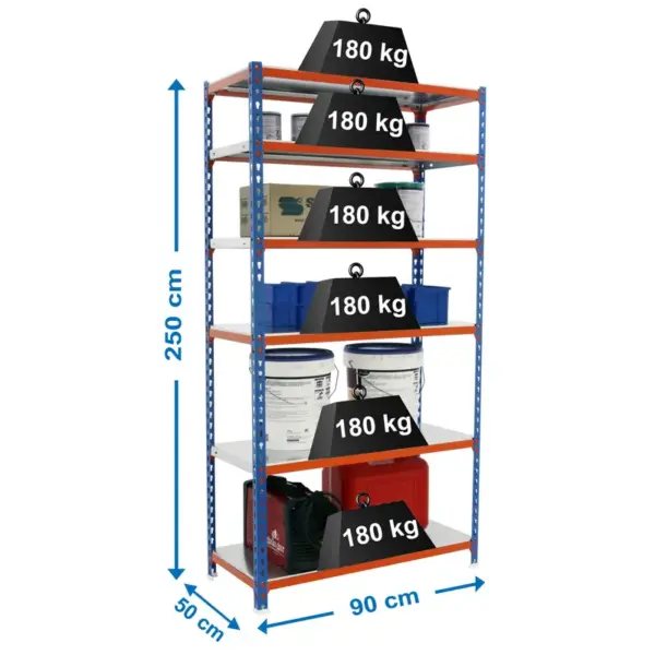 Estante Metálica SIMONCLICK 6/500 Azul/Laranja/Galvanizado - 2500 x 900 x 500 mm