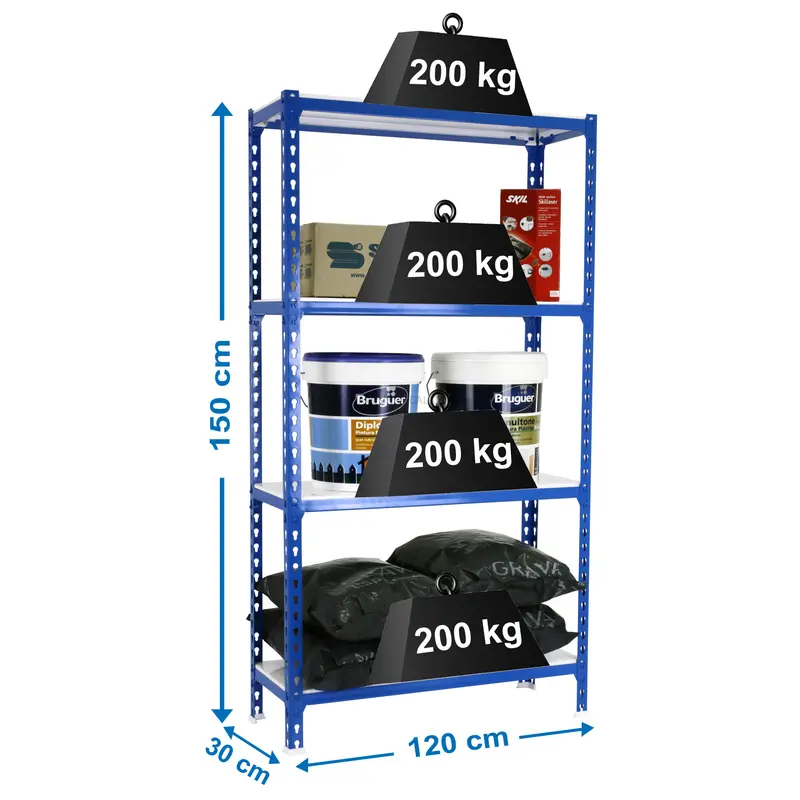 Estante Metálica SIMONCLICK MEGAPLUS 4/300 1500 AZUL/Branco - 1500 x 1200 x 300 mm