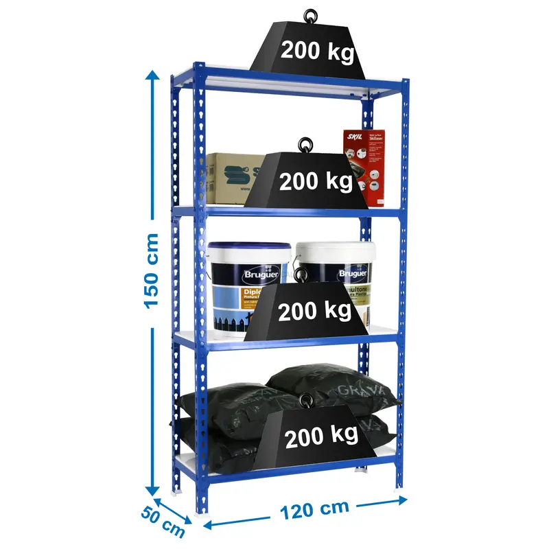 Estante Metálica SIMONCLICK MEGAPLUS 4/500 1500 AZUL/Branco - 1500 x 1200 x 500 mm