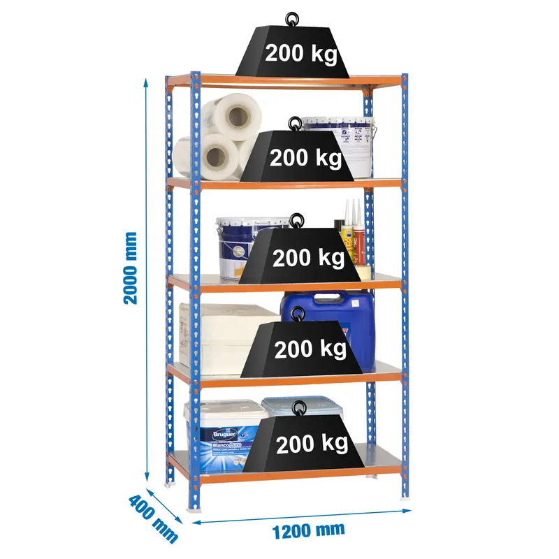 Estante Metálica SIMONCLICK MEGAPLUS 5/400 AZUL/Laranja/Galvanizado - 2000 x 1200 x 400 mm
